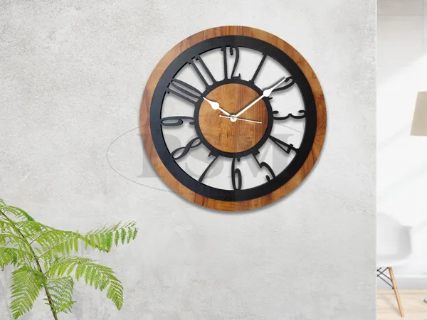 LASER_CUT_WOODEN_WALL_CLOCK_IVORY_BLACK_15_INCH_ROUND_PSM_1101