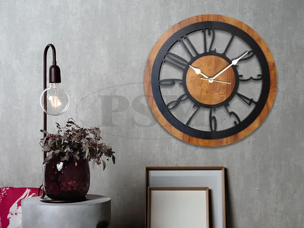 LASER_CUT_WOODEN_WALL_CLOCK_IVORY_BLACK_15_INCH_ROUND_PSM_1101