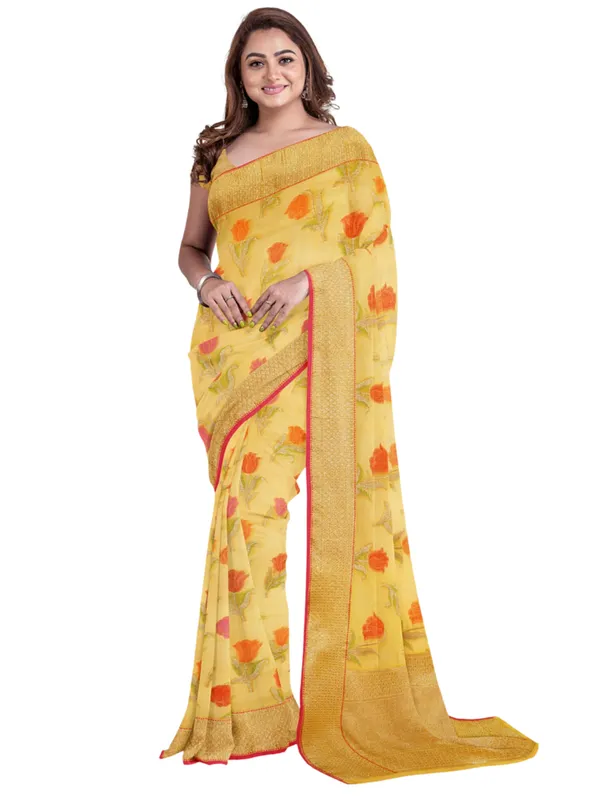Yellow_Cotton_Blend_Banarasi_Sarees_For_Women