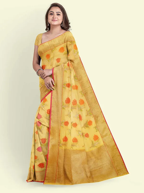 Yellow_Cotton_Blend_Banarasi_Sarees_For_Women