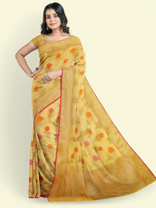 Yellow_Cotton_Blend_Banarasi_Sarees_For_Women