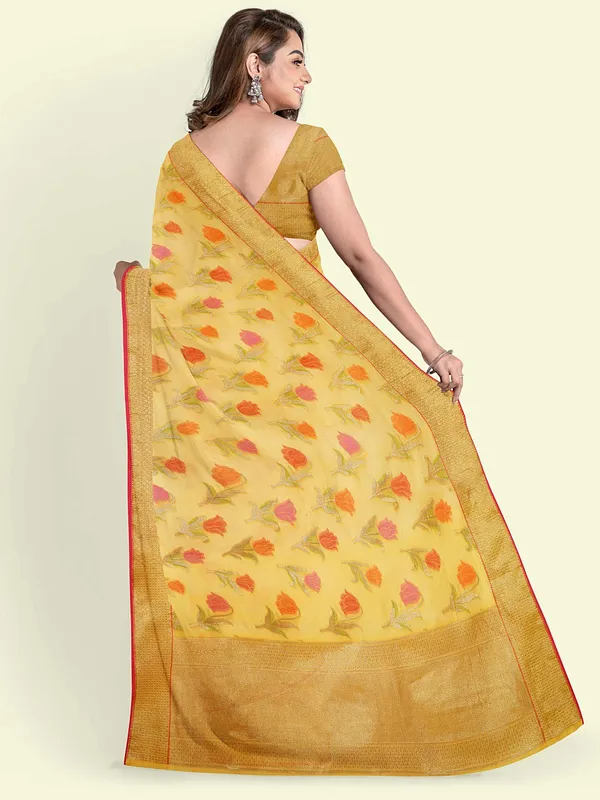 Yellow_Cotton_Blend_Banarasi_Sarees_For_Women