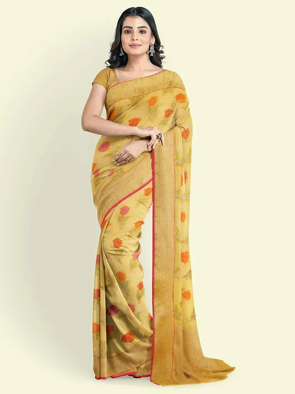 Yellow_Cotton_Blend_Banarasi_Sarees_For_Women