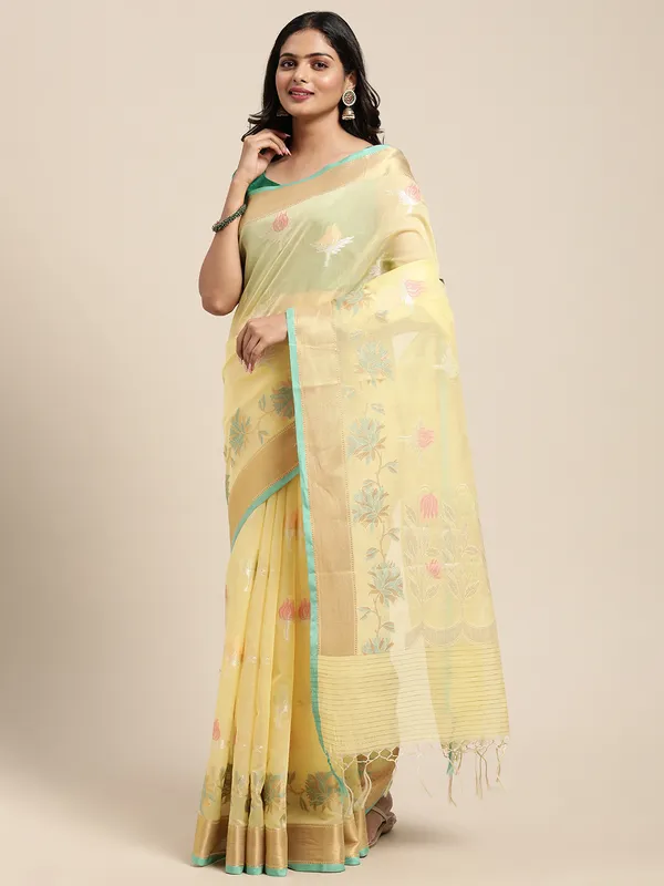 Yellow_Masrise_Cotton/Cotton_Banarasi_Sarees_For_Women