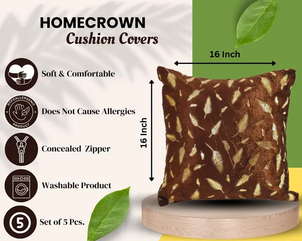 16x16_Inch_Velvet_Cushion_Covers_Set_of_5_Pcs,_Soft_Decorative_Faux_Fur_Throw_Pillow_Covers_with_Golden_Feather_Print_for_Sofa,_Couch,_Bed,_Living_Room_-_Brown-250_TC