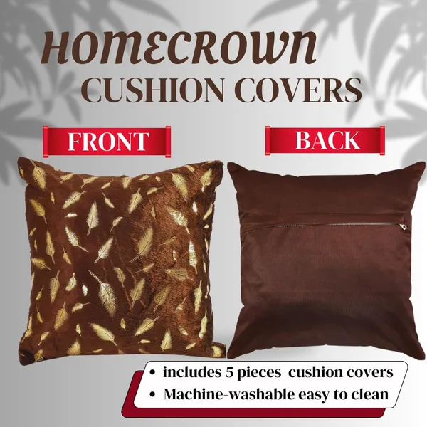 16x16_Inch_Velvet_Cushion_Covers_Set_of_5_Pcs,_Soft_Decorative_Faux_Fur_Throw_Pillow_Covers_with_Golden_Feather_Print_for_Sofa,_Couch,_Bed,_Living_Room_-_Brown-250_TC