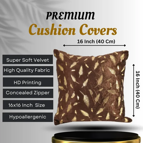 16x16_Inch_Velvet_Cushion_Covers_Set_of_5_Pcs,_Soft_Decorative_Faux_Fur_Throw_Pillow_Covers_with_Golden_Feather_Print_for_Sofa,_Couch,_Bed,_Living_Room_-_Brown-250_TC
