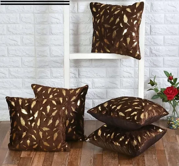 16x16_Inch_Velvet_Cushion_Covers_Set_of_5_Pcs,_Soft_Decorative_Faux_Fur_Throw_Pillow_Covers_with_Golden_Feather_Print_for_Sofa,_Couch,_Bed,_Living_Room_-_Brown-250_TC