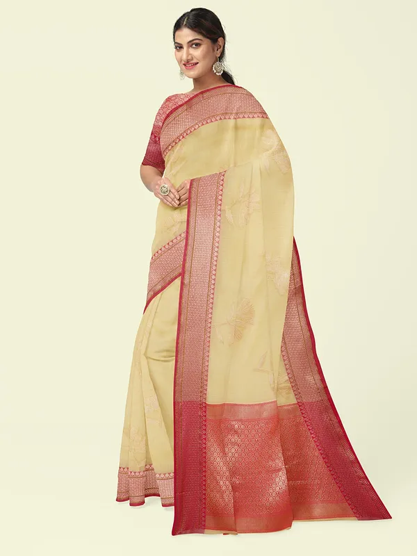 Beige_Cotton_Blend_Banarasi_Sarees_For_Women