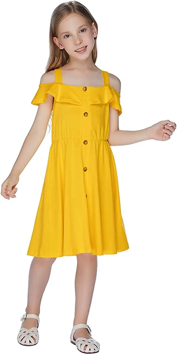 Yellow_Rayon_Blend_Solid_Square_Neck_Dress_For_Girls