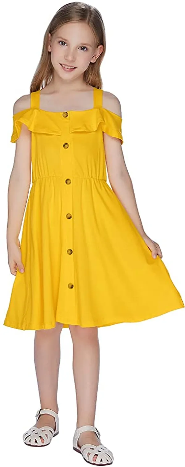 Yellow_Rayon_Blend_Solid_Square_Neck_Dress_For_Girls