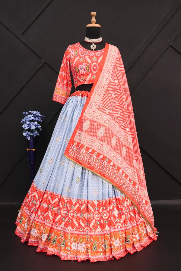 Grey_Red_Lehenga_Choli_With_Mirror_Work_And_Attached_Red_Dupatta