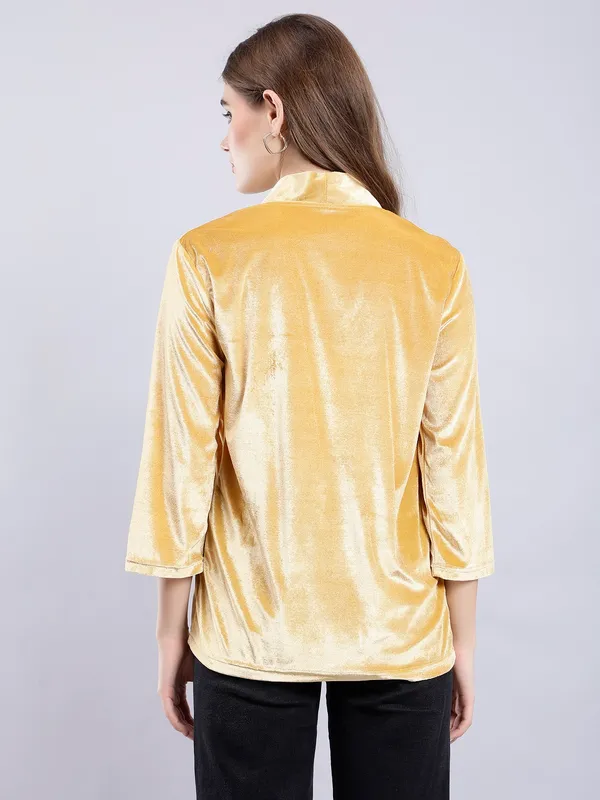 Gold_Cotton_Blend_3/4th_Sleeve_Solid_Shrug_For_Women