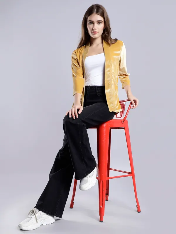 Gold_Cotton_Blend_3/4th_Sleeve_Solid_Shrug_For_Women