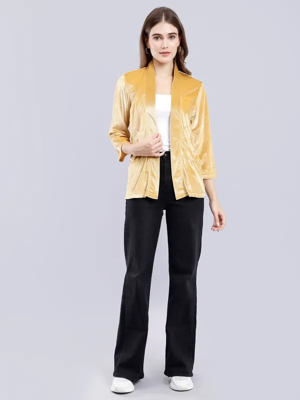 Gold_Cotton_Blend_3/4th_Sleeve_Solid_Shrug_For_Women