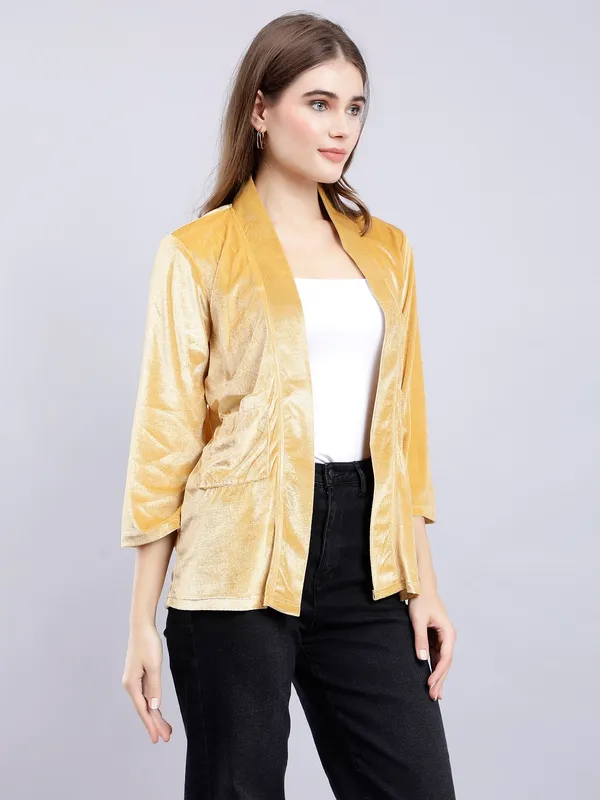 Gold_Cotton_Blend_3/4th_Sleeve_Solid_Shrug_For_Women