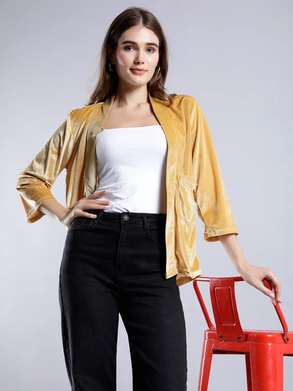 Gold_Cotton_Blend_3/4th_Sleeve_Solid_Shrug_For_Women