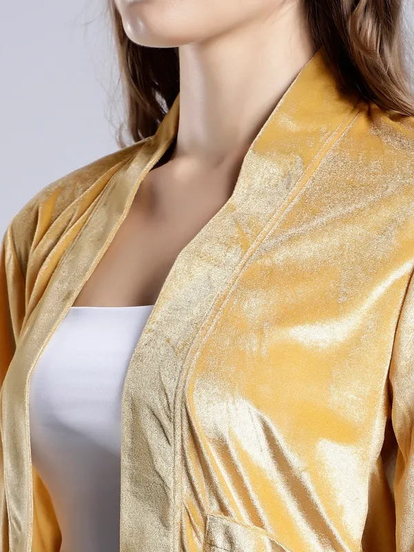 Gold_Cotton_Blend_3/4th_Sleeve_Solid_Shrug_For_Women