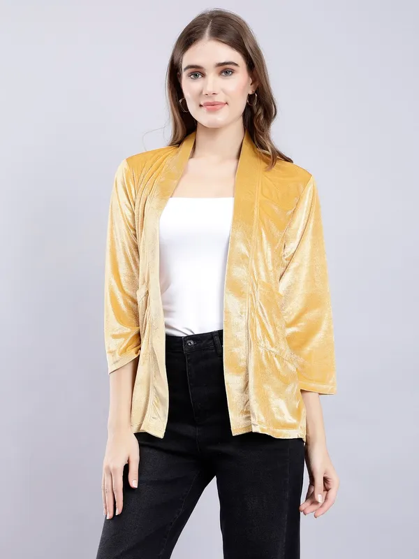 Gold_Cotton_Blend_3/4th_Sleeve_Solid_Shrug_For_Women