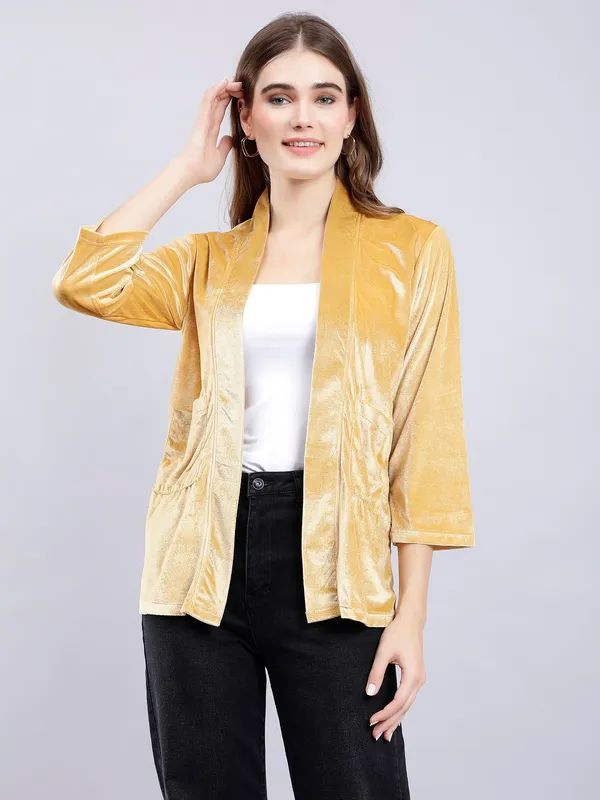 Gold_Cotton_Blend_3/4th_Sleeve_Solid_Shrug_For_Women