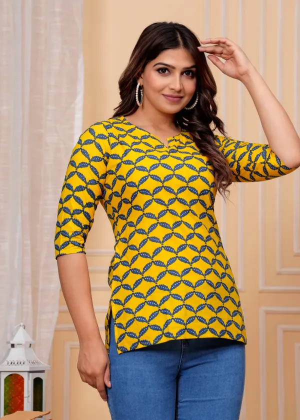 Yellow_Casual_Regular_Sleeves_printed_Cotton_Top_For_Women