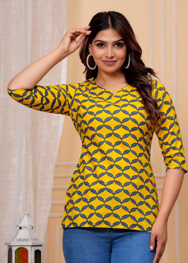 Yellow_Casual_Regular_Sleeves_printed_Cotton_Top_For_Women