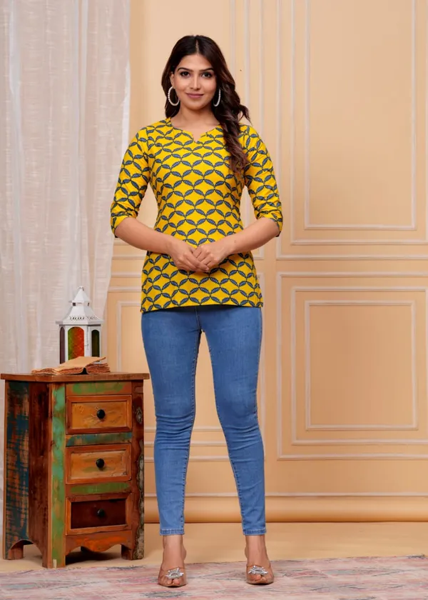 Yellow_Casual_Regular_Sleeves_printed_Cotton_Top_For_Women
