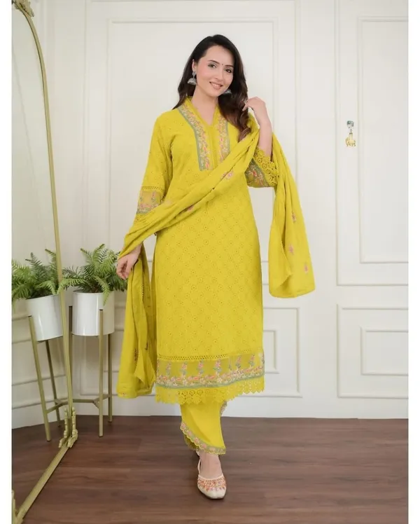 Yellow_Cotton_Chickenkari_Regular_Fit_Solid_Kurta_Pant_And_Dupatta_Set_For_Women