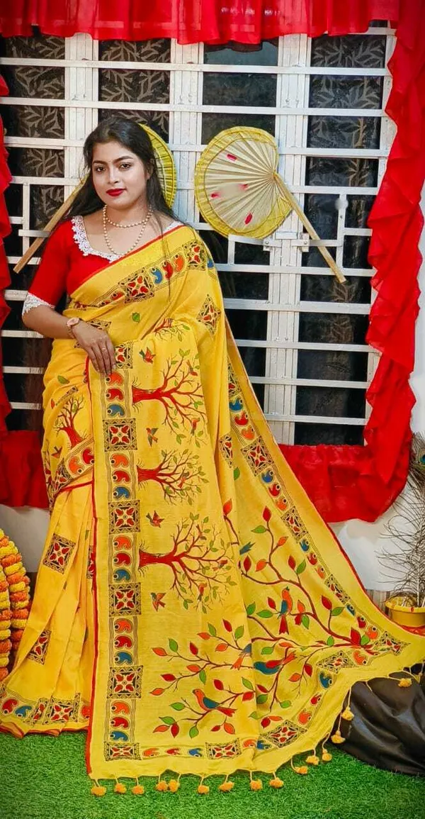 Yellow_Cotton_Hand_Painted_Handloom_Saree