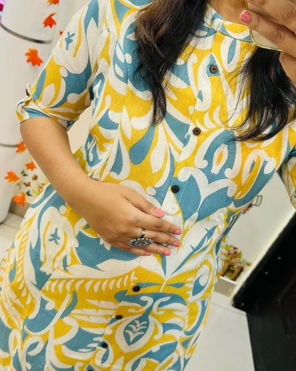 Yellow_Cotton_Premium_Floral_Print_Kurta_Pant_Co-Ord_Set_For_Women