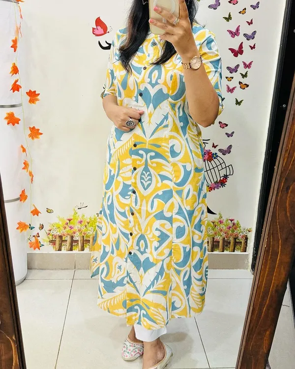 Yellow_Cotton_Premium_Floral_Print_Kurta_Pant_Co-Ord_Set_For_Women