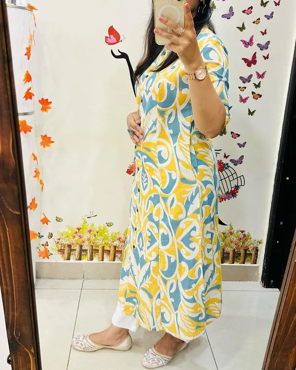 Yellow_Cotton_Premium_Floral_Print_Kurta_Pant_Co-Ord_Set_For_Women