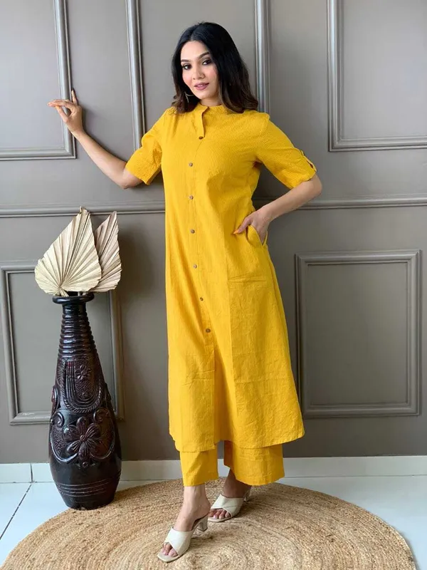 Yellow_Khadi_Cotton_Ethnic_Kurta_And_Pant_Set_For_Women