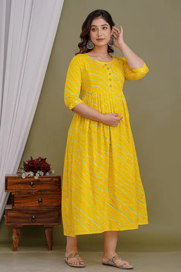 Yellow_Lahriya_Maternity_And_Feeding_Kurti