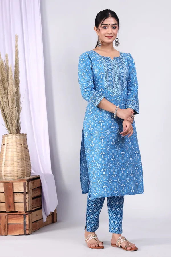 Blue_Pure_Cotton_Block_Printed_Casual_Wear_Kurti_For_Women