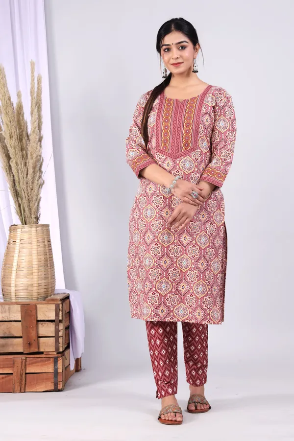 Dark_Peach_Pure_Cotton_Block_Printed_Casual_Wear_Kurti_For_Women