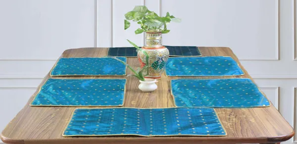 Pack_of_6_Piece_Polysilk_Green_Zari_Butti_Taffeta_Collection_Place_Mat_For_Dining_Room_and_Living_Room