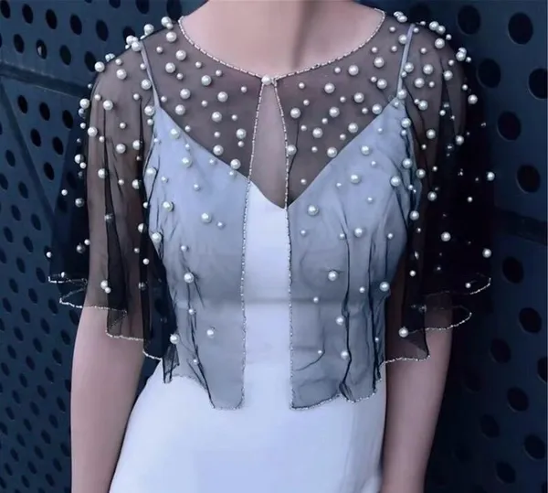 Black_Net_Short_Poncho_Pearl_Luxury_Party_Wear_Jacket_For_Women
