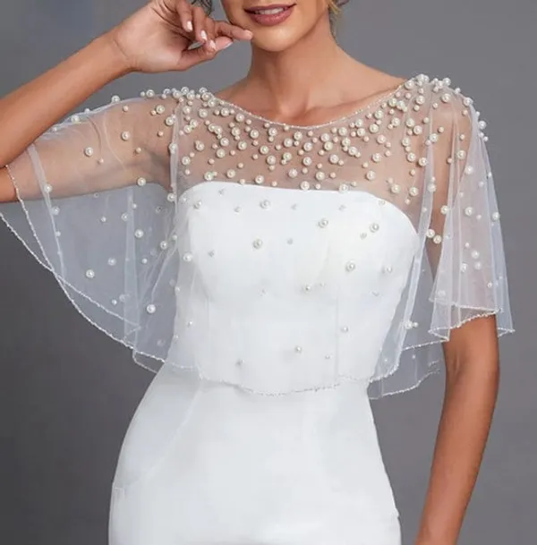 White_Net_Short_Poncho_With_Pearls_For_Women
