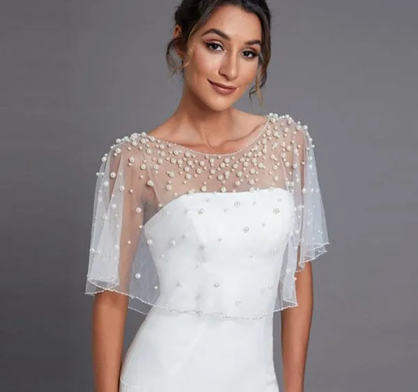 White_Net_Short_Poncho_With_Pearls_For_Women