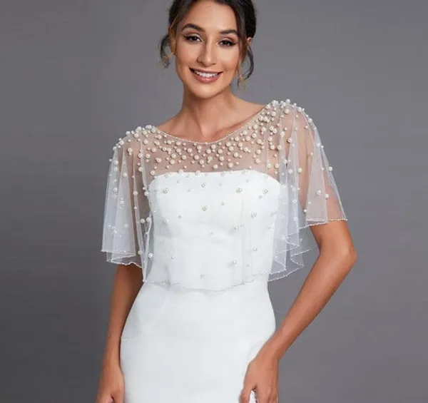 White_Net_Short_Poncho_With_Pearls_For_Women