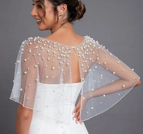 White_Net_Short_Poncho_With_Pearls_For_Women