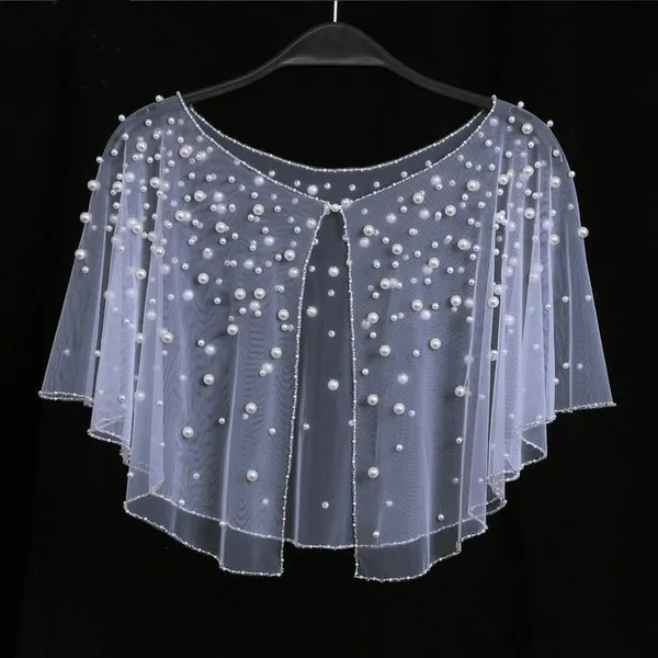 White_Net_Short_Poncho_Pearl_Luxury_Party_Wear_Jacket_For_Women