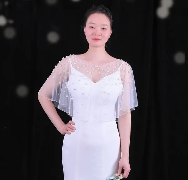 White_Net_Short_Poncho_Pearl_Luxury_Party_Wear_Jacket_For_Women