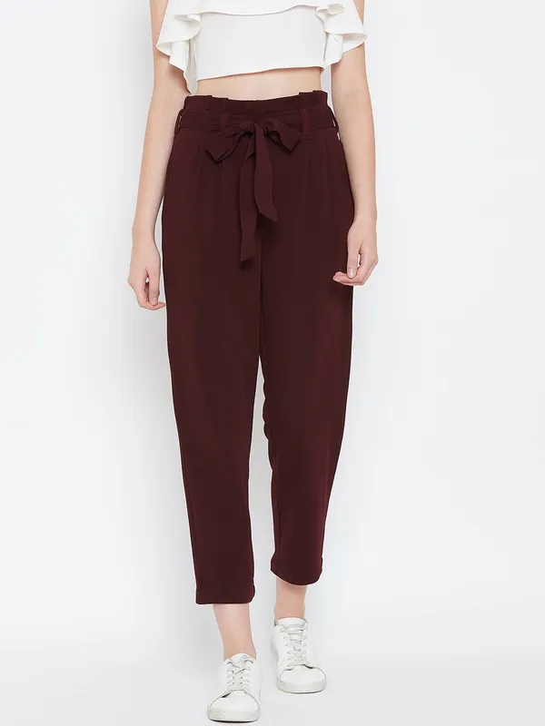 Zastraa_Maroon_Viscose_Rayon_Trouser_For_Women