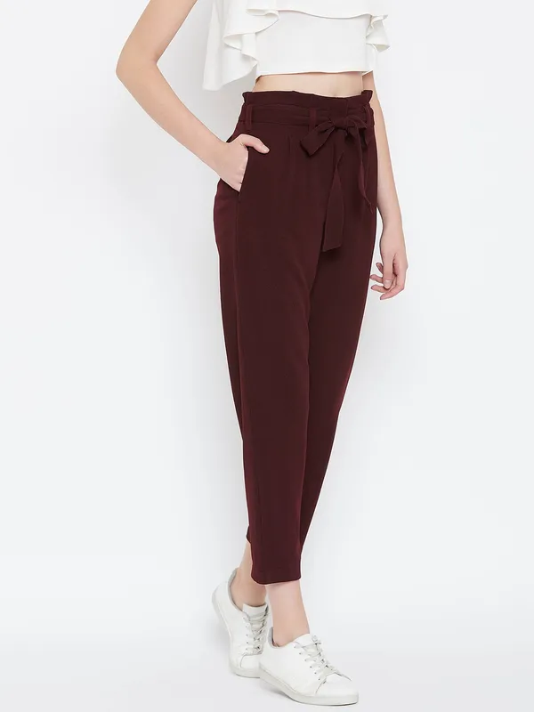 Zastraa_Maroon_Viscose_Rayon_Trouser_For_Women