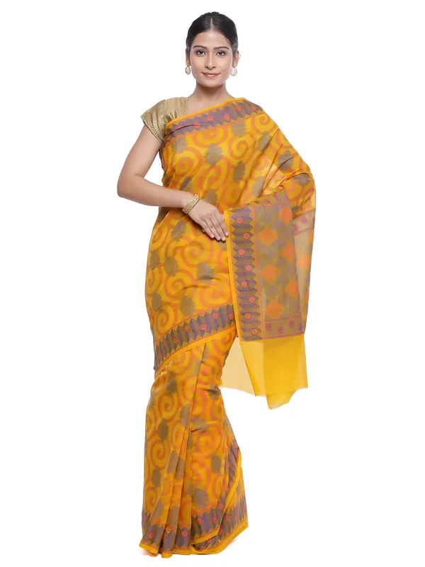 Yellow_Cotton_Blend_Banarasi_Sarees_For_Women