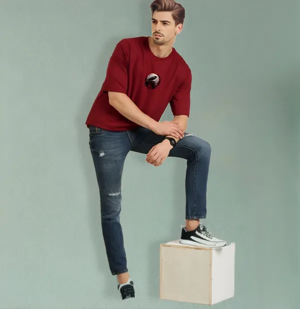 Maroon_Oversized_Printed_Half_Sleeve_Cotton_T-Shirt_For_Men