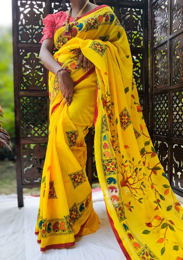 Yellow_Cotton_Hand_Painted_Handloom_Saree