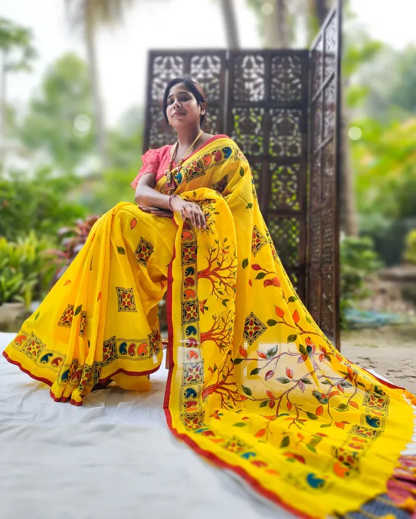 Yellow_Cotton_Hand_Painted_Handloom_Saree